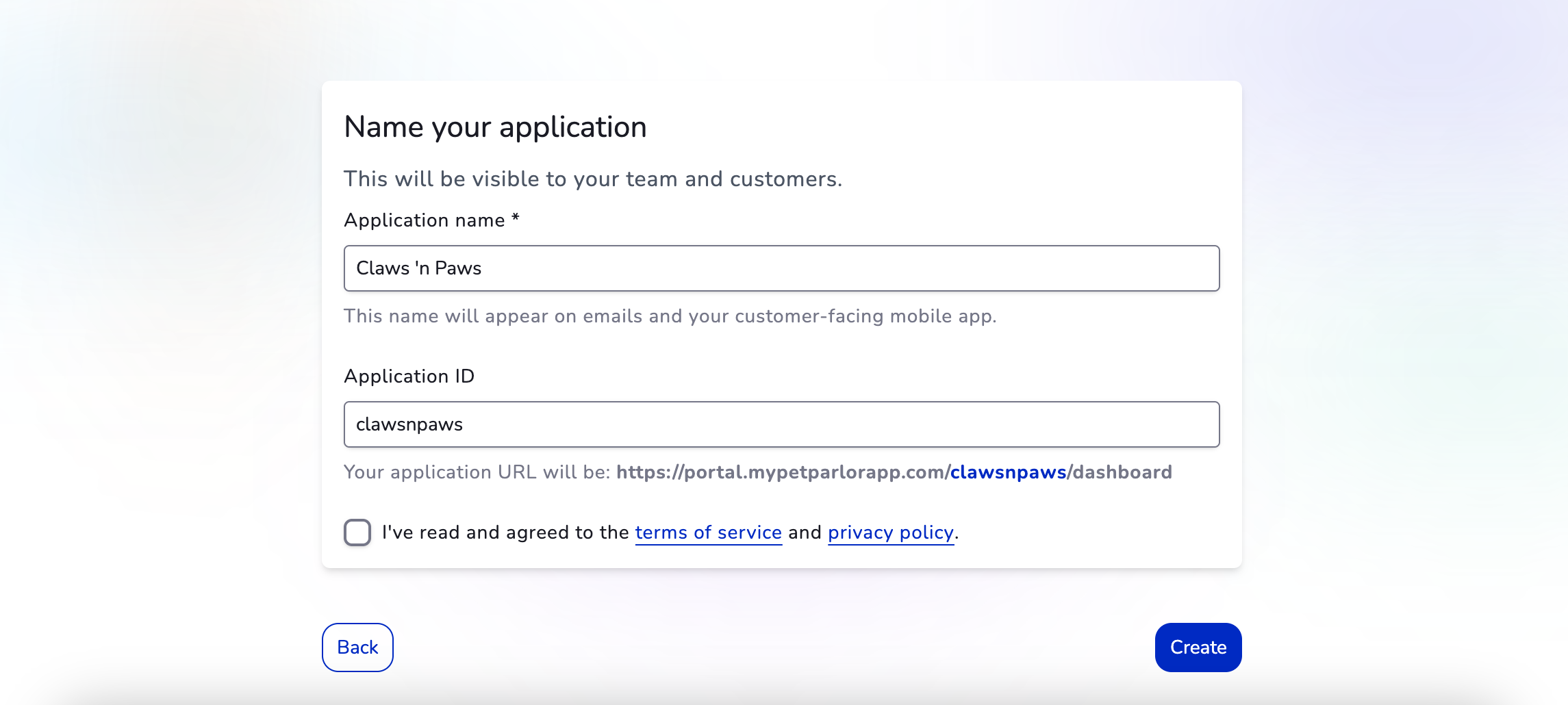 Sign-up form showing application name and application ID fields with terms acceptance
